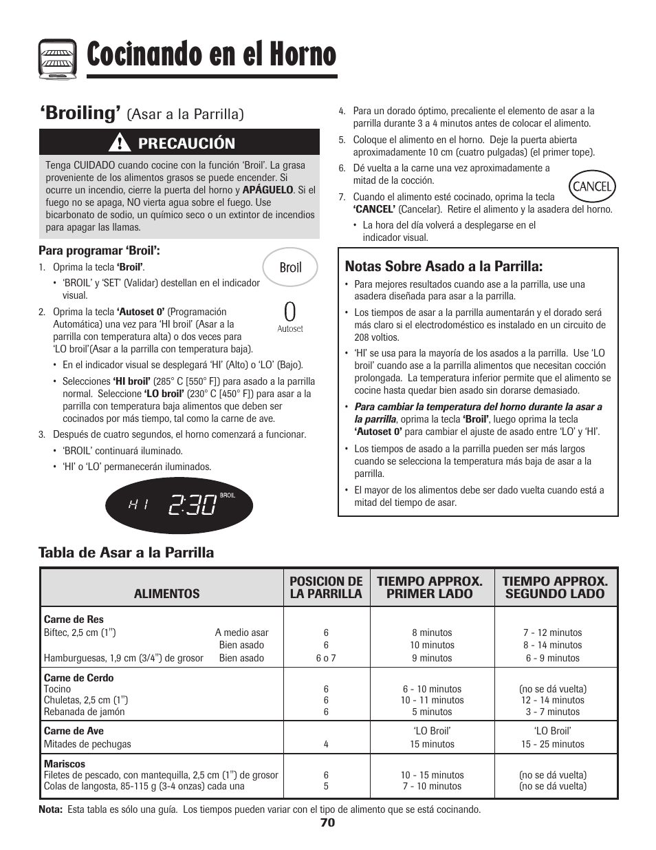 Cocinando en el horno, Broiling, Tabla de asar a la parrilla | Precaución | Maytag MER5875RAF User Manual | Page 71 / 84