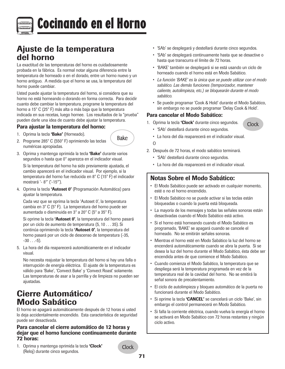 Cocinando en el horno, Cierre automático/ modo sabático, Ajuste de la temperatura del horno | Notas sobre el modo sabático | Maytag MER5875RAF User Manual | Page 72 / 84