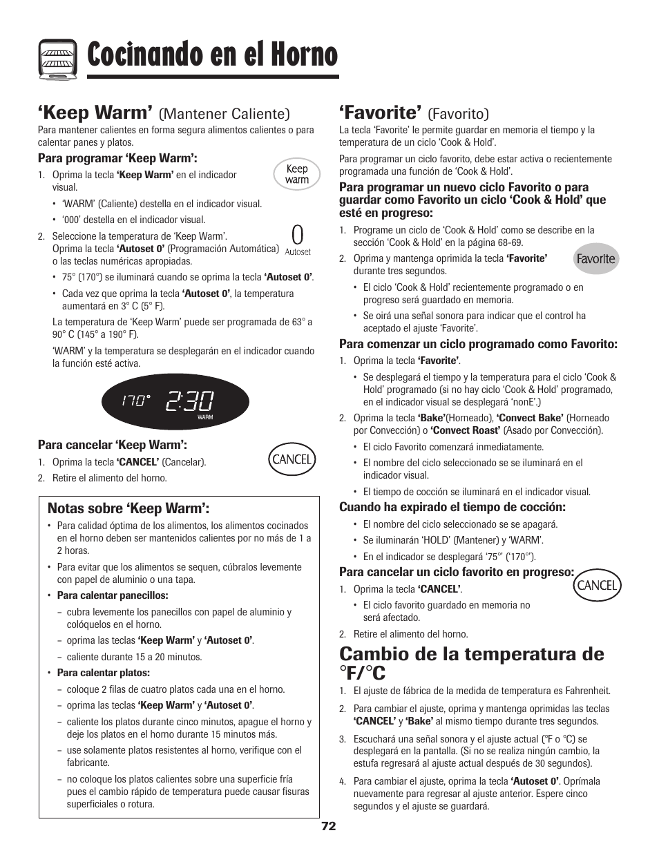 Cocinando en el horno, Favorite, Keep warm | Cambio de la temperatura de, Favorito), Mantener caliente), Notas sobre ‘keep warm | Maytag MER5875RAF User Manual | Page 73 / 84