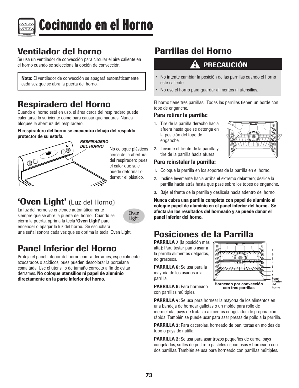 Cocinando en el horno, Oven light, Panel inferior del horno | Ventilador del horno, Respiradero del horno, Parrillas del horno, Posiciones de la parrilla, Luz del horno), Precaución | Maytag MER5875RAF User Manual | Page 74 / 84