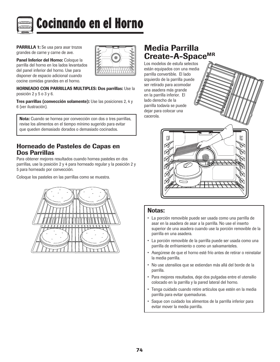 Cocinando en el horno, Media parrilla create-a-space, Notas | Horneado de pasteles de capas en dos parrillas | Maytag MER5875RAF User Manual | Page 75 / 84