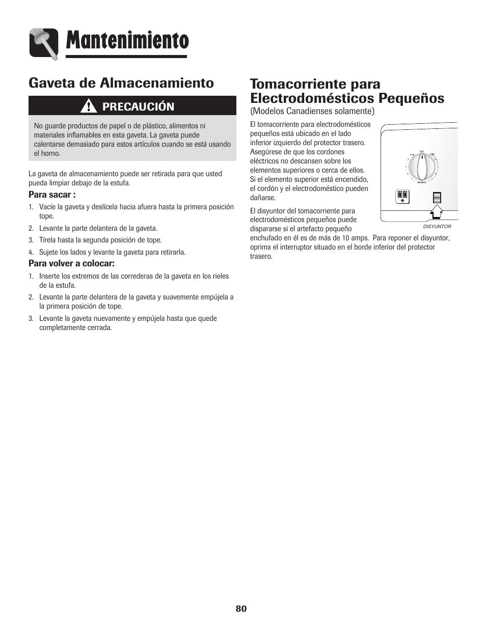 Mantenimiento, Tomacorriente para electrodomésticos pequeños, Gaveta de almacenamiento | Maytag MER5875RAF User Manual | Page 81 / 84