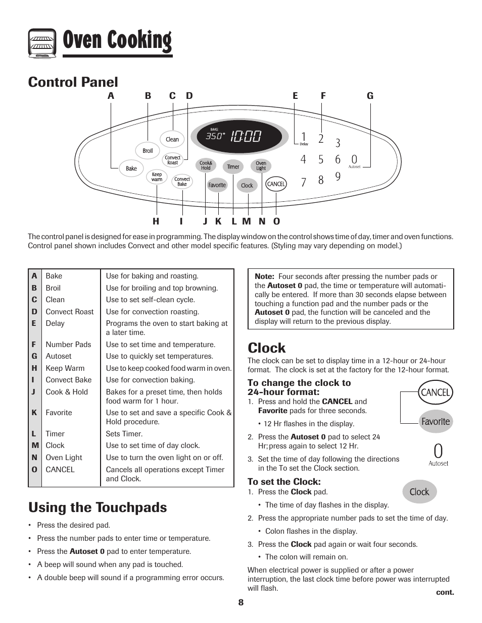 Oven cooking, Control panel, Using the touchpads | Clock | Maytag MER5875RAF User Manual | Page 9 / 84