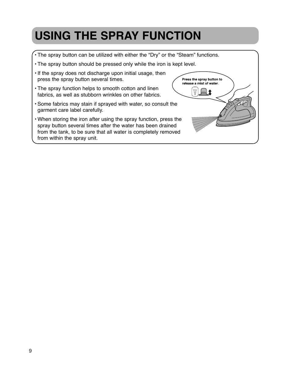 Using the spray function | Maytag MLI7500AAW User Manual | Page 10 / 44