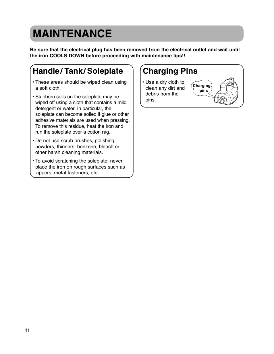 Maintenance, Handle / tank / soleplate, Charging pins | Maytag MLI7500AAW User Manual | Page 12 / 44