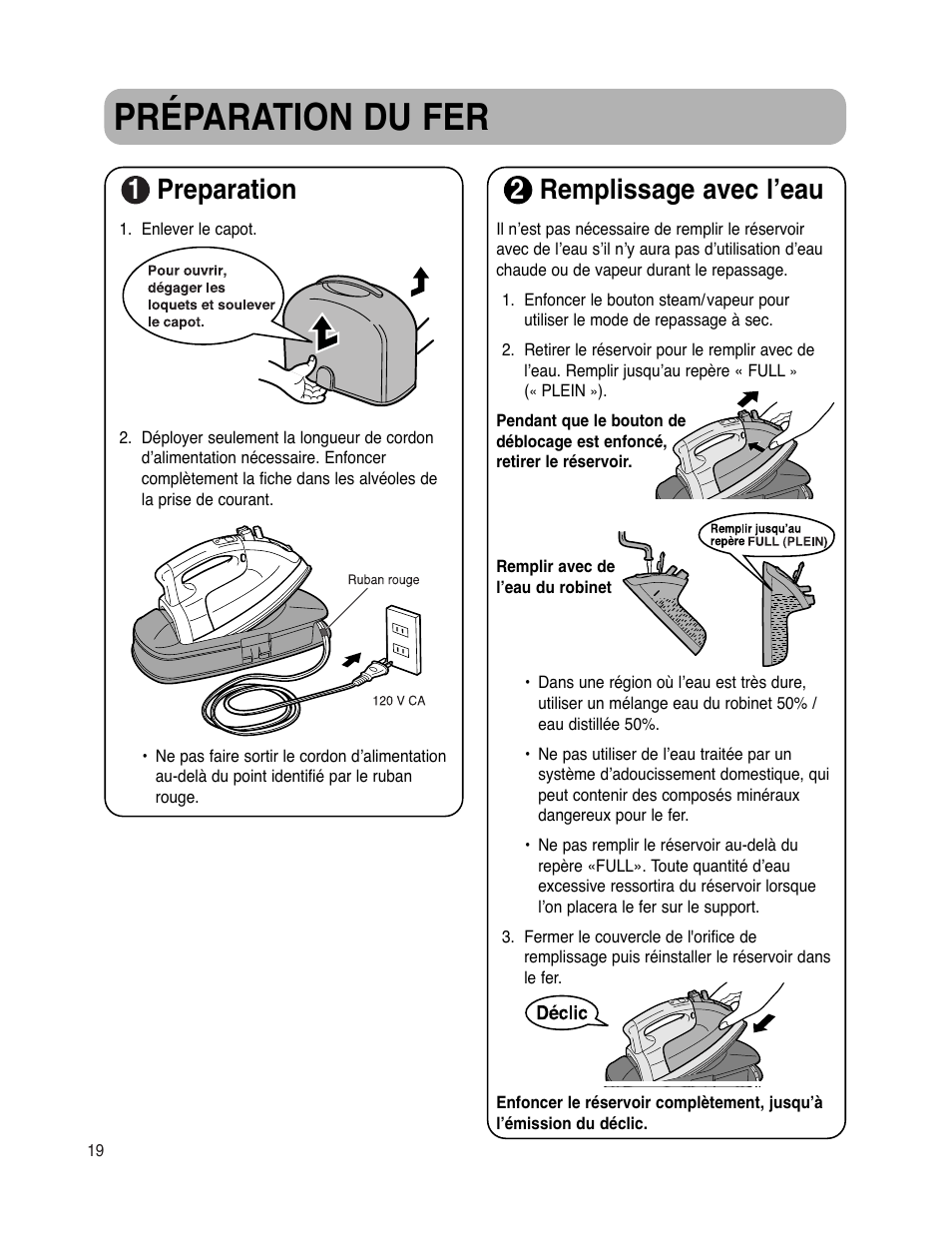 Préparation du fer, 1preparation, 2remplissage avec l’eau | Maytag MLI7500AAW User Manual | Page 20 / 44