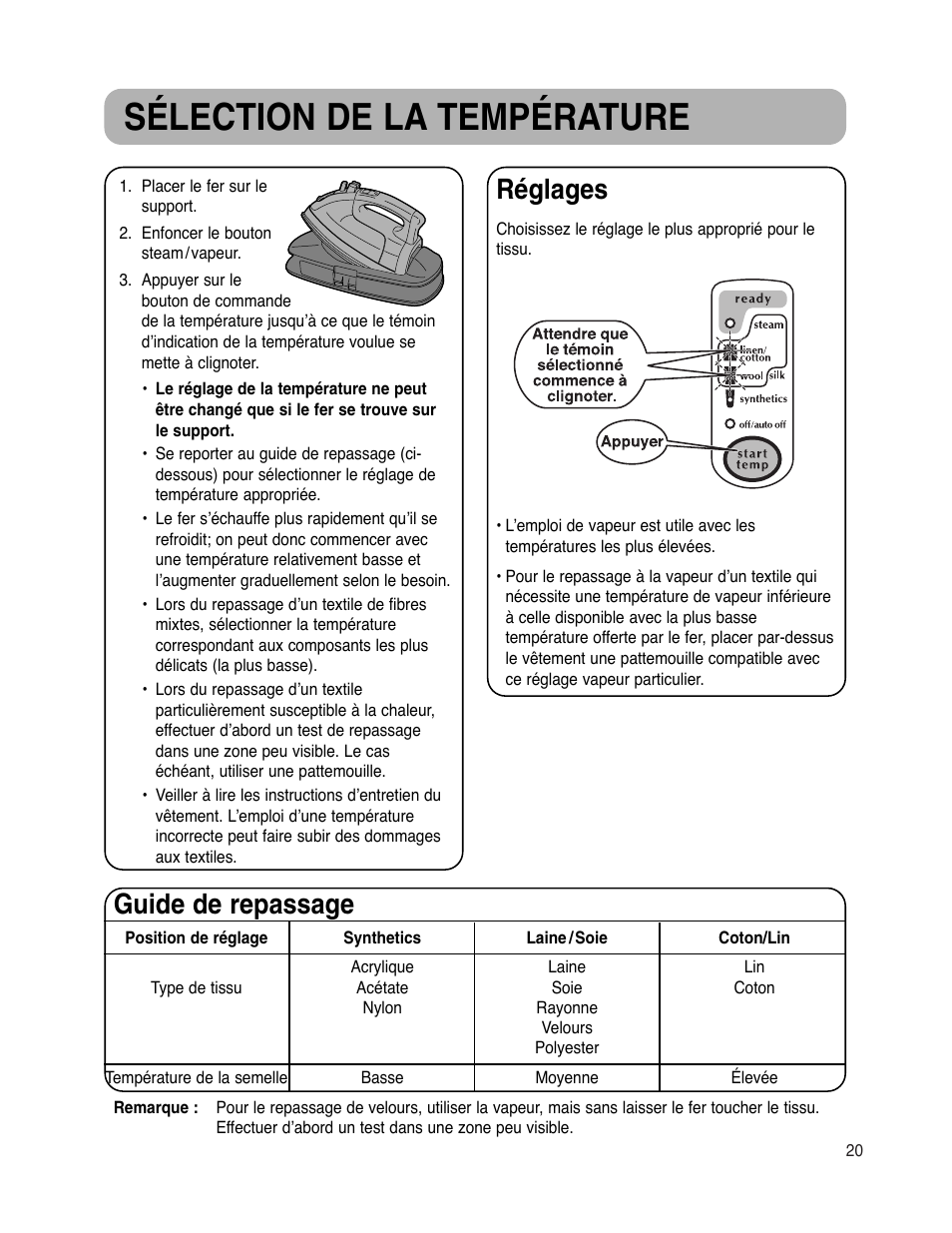 Sélection de la température, Réglages, Guide de repassage | Maytag MLI7500AAW User Manual | Page 21 / 44