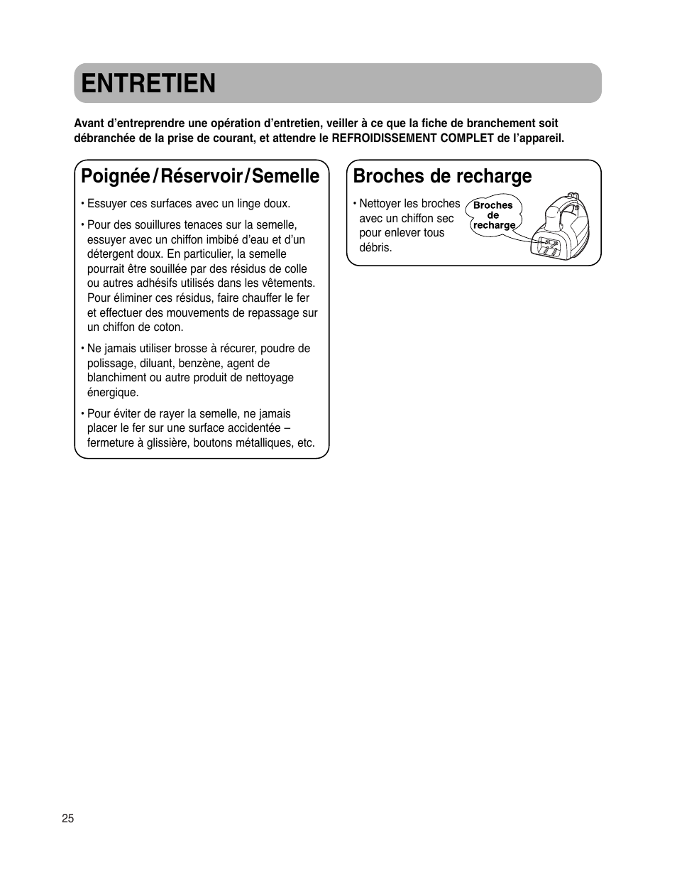 Entretien, Poignée / réservoir / semelle, Broches de recharge | Maytag MLI7500AAW User Manual | Page 26 / 44