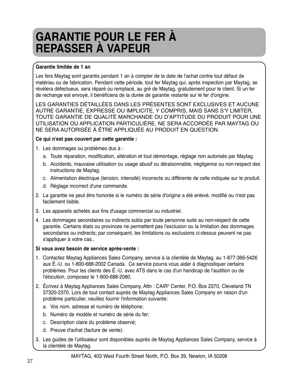 Garantie pour le fer à repasser à vapeur | Maytag MLI7500AAW User Manual | Page 28 / 44