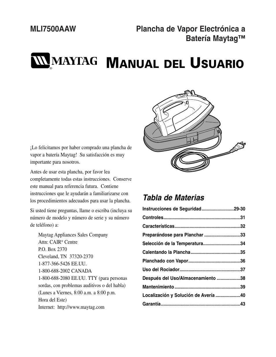 Anual del, Suario, Tabla de materias | Maytag MLI7500AAW User Manual | Page 29 / 44