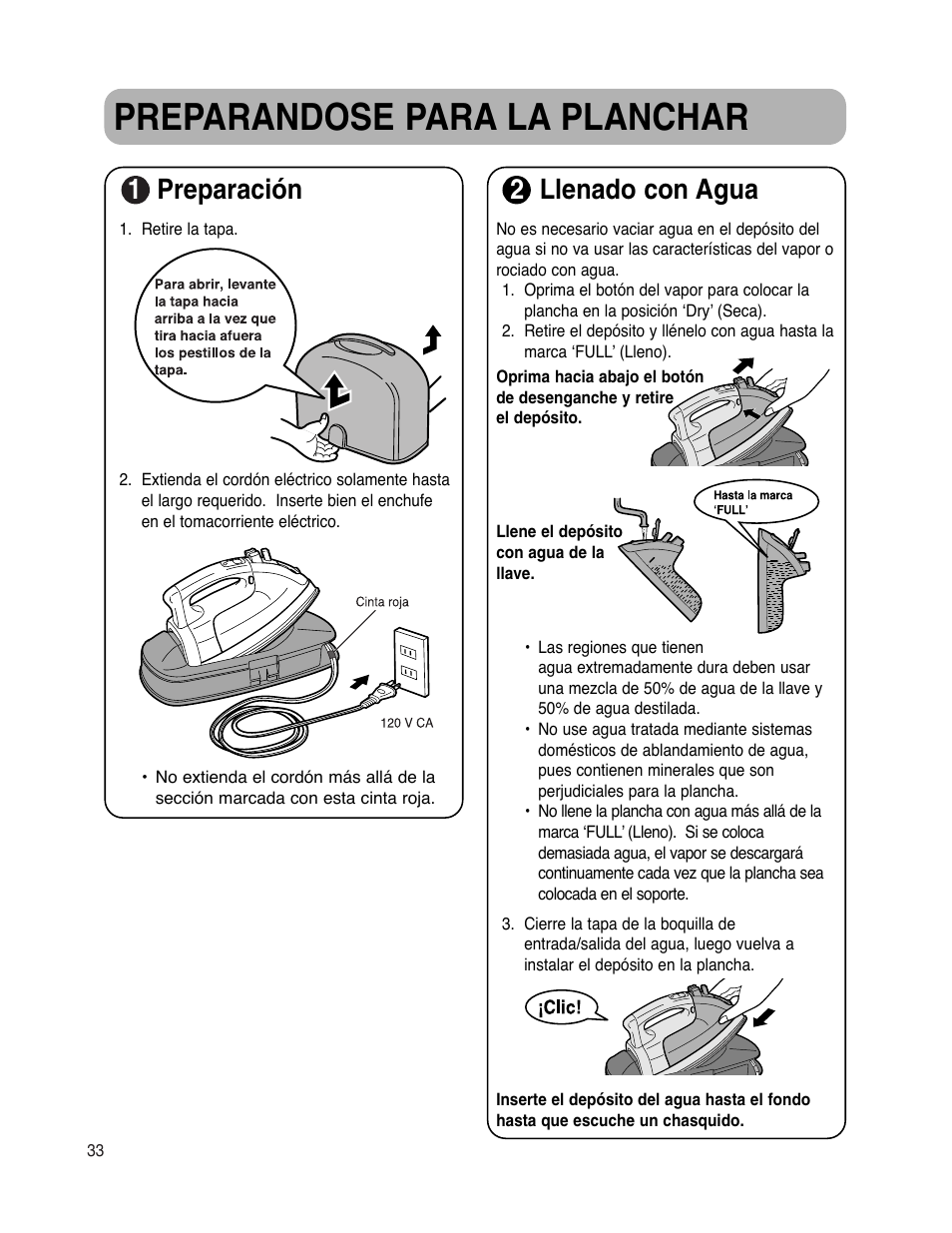 Preparandose para la planchar, 1preparación, 2llenado con agua | Maytag MLI7500AAW User Manual | Page 34 / 44