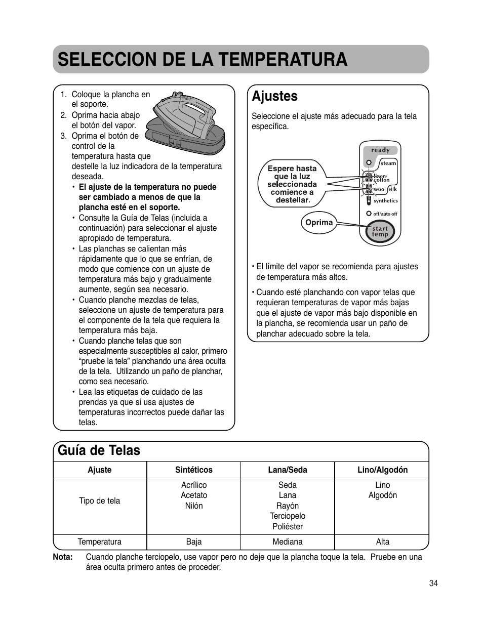 Seleccion de la temperatura, Ajustes, Guía de telas | Maytag MLI7500AAW User Manual | Page 35 / 44