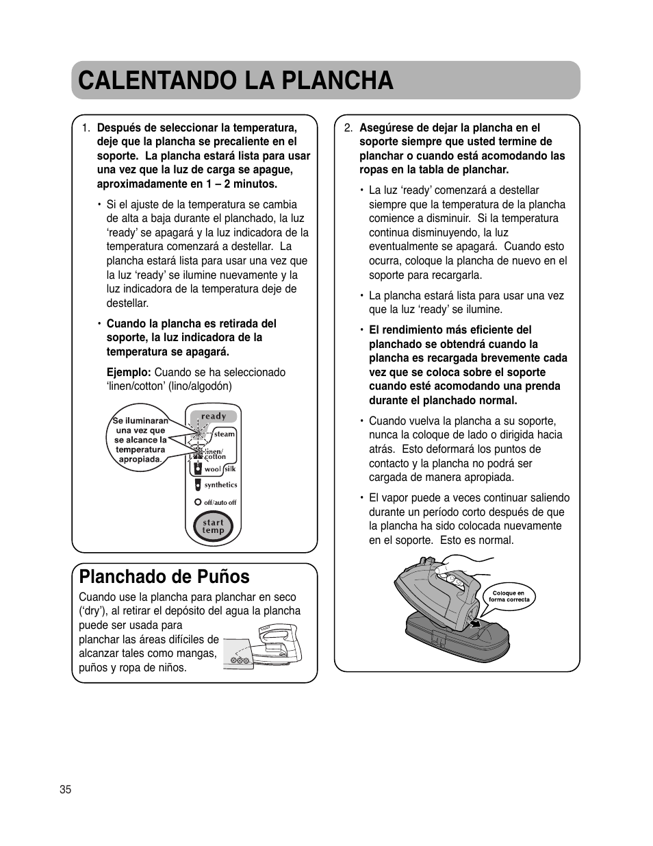 Calentando la plancha, Planchado de puños | Maytag MLI7500AAW User Manual | Page 36 / 44