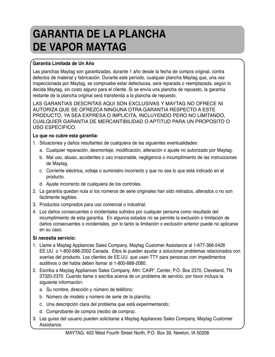Garantia de la plancha de vapor maytag | Maytag MLI7500AAW User Manual | Page 44 / 44
