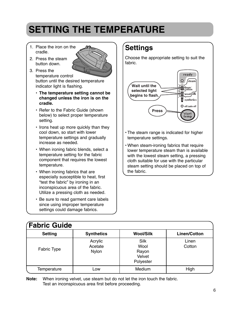 Setting the temperature, Settings, Fabric guide | Maytag MLI7500AAW User Manual | Page 7 / 44