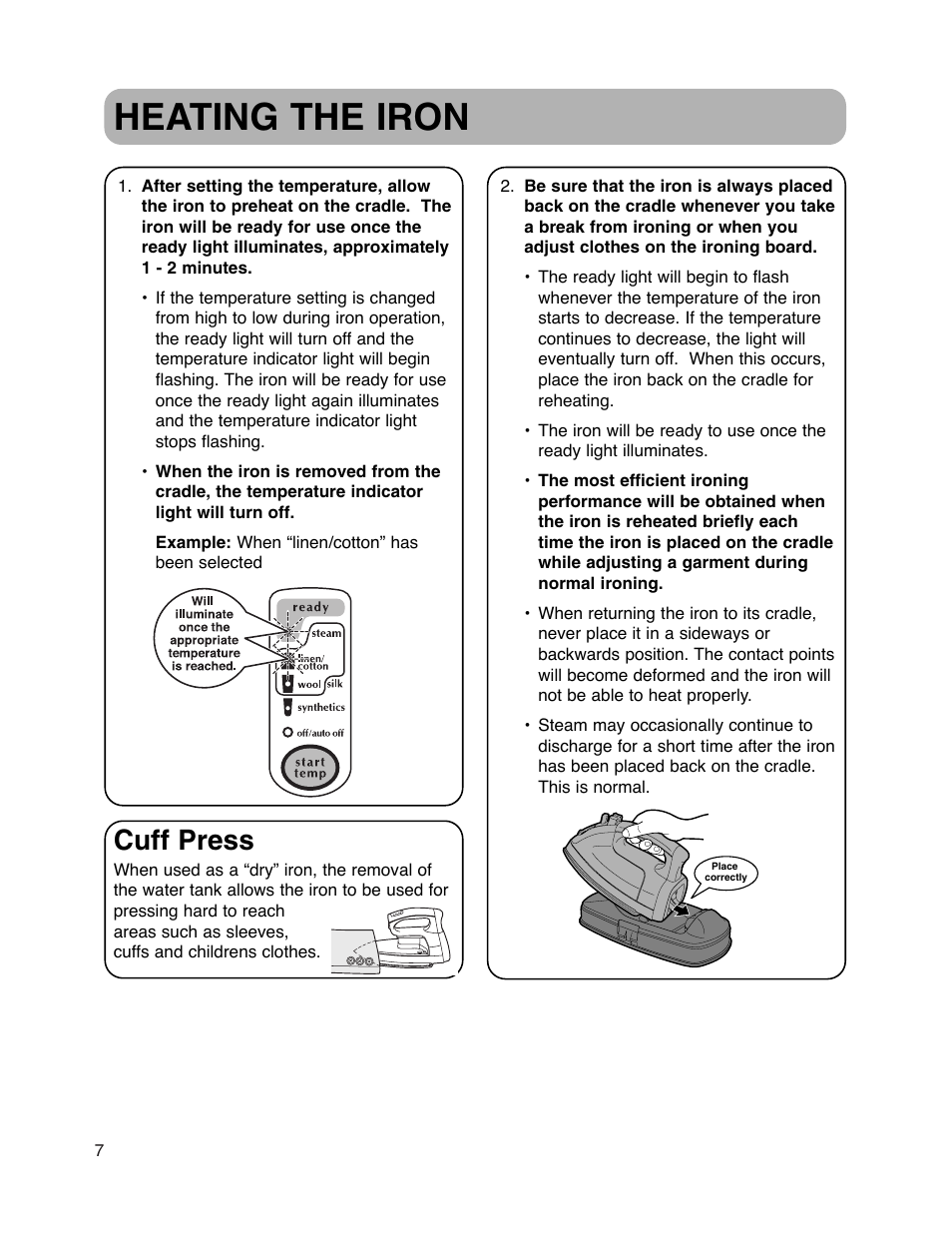 Heating the iron, Cuff press | Maytag MLI7500AAW User Manual | Page 8 / 44