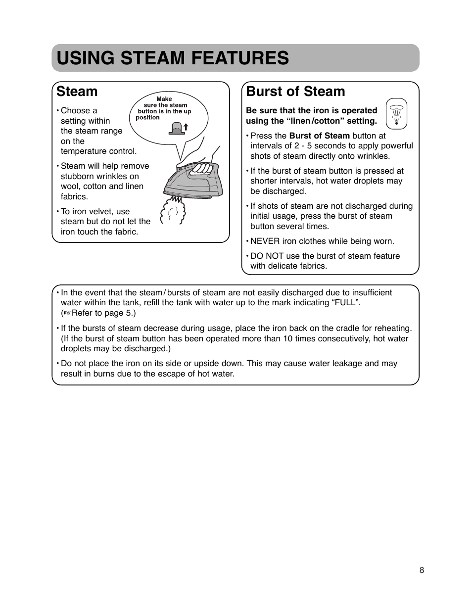 Using steam features, Steam, Burst of steam | Maytag MLI7500AAW User Manual | Page 9 / 44