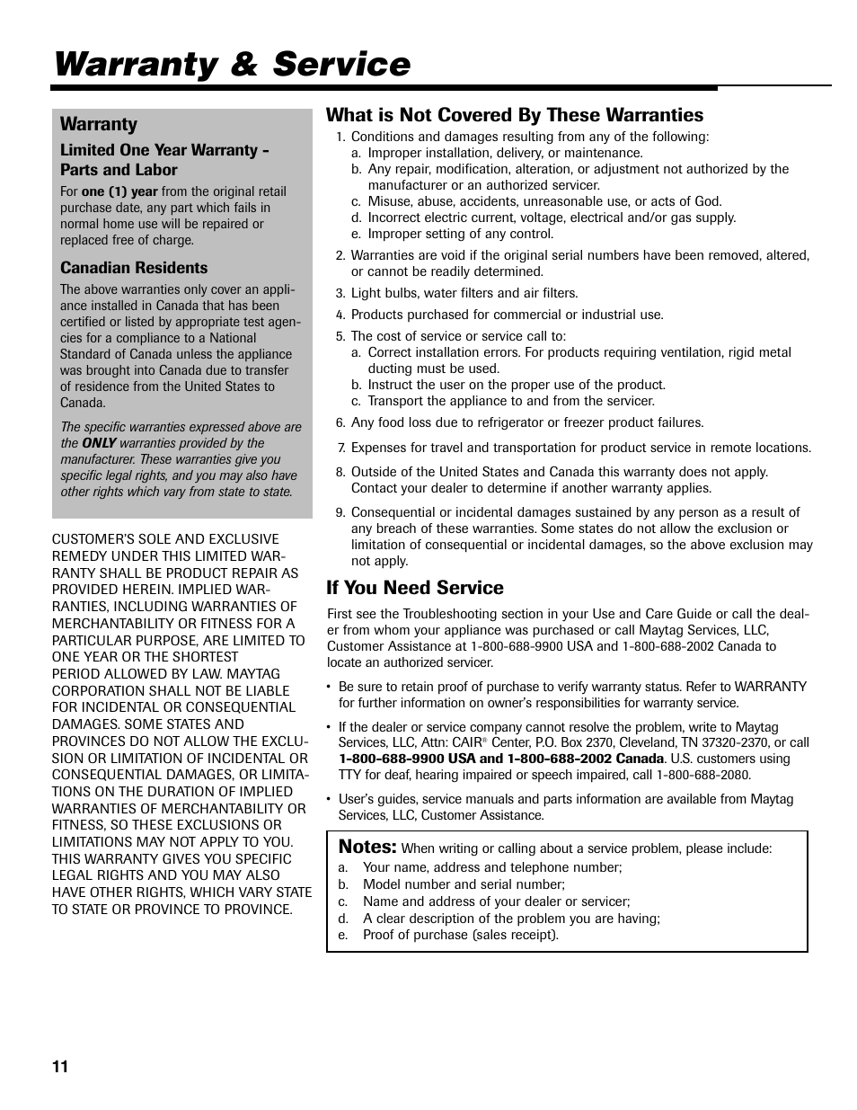 Warranty & service, Warranty, What is not covered by these warranties | If you need service | Maytag MAV-35 User Manual | Page 12 / 36