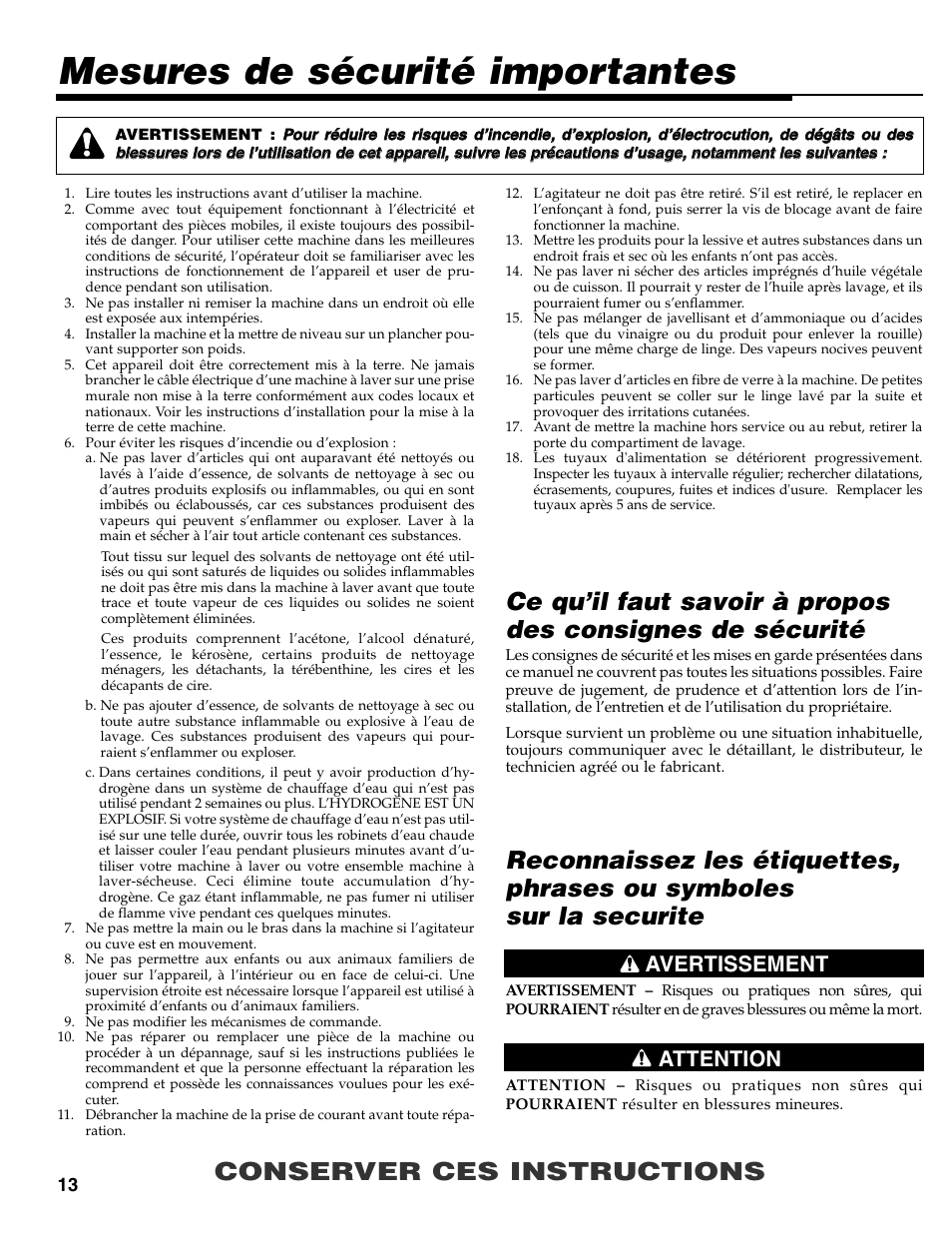 Mesures de sécurité importantes, Conserver ces instructions, Avertissement attention | Maytag MAV-35 User Manual | Page 14 / 36