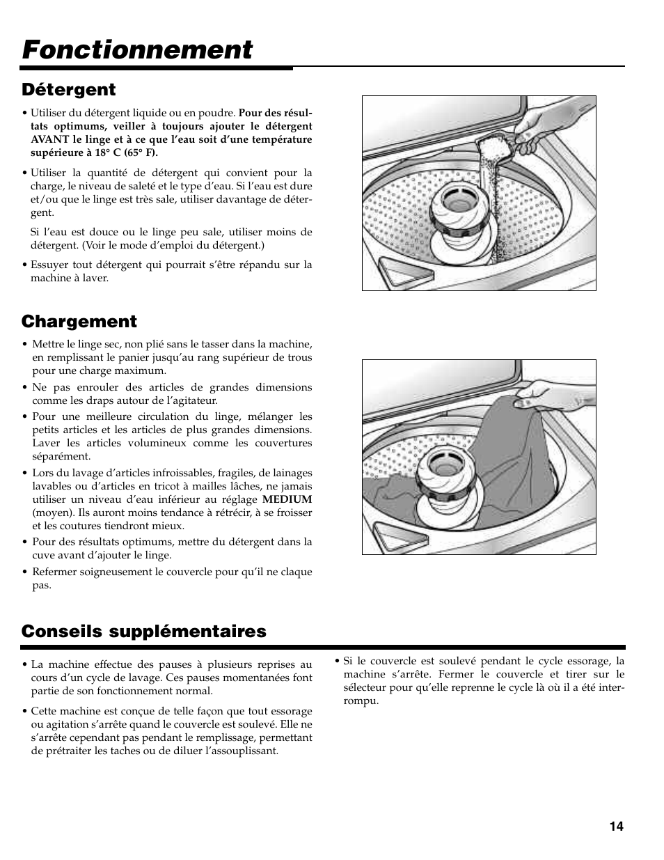 Fonctionnement, Chargement, Conseils supplémentaires | Détergent | Maytag MAV-35 User Manual | Page 15 / 36