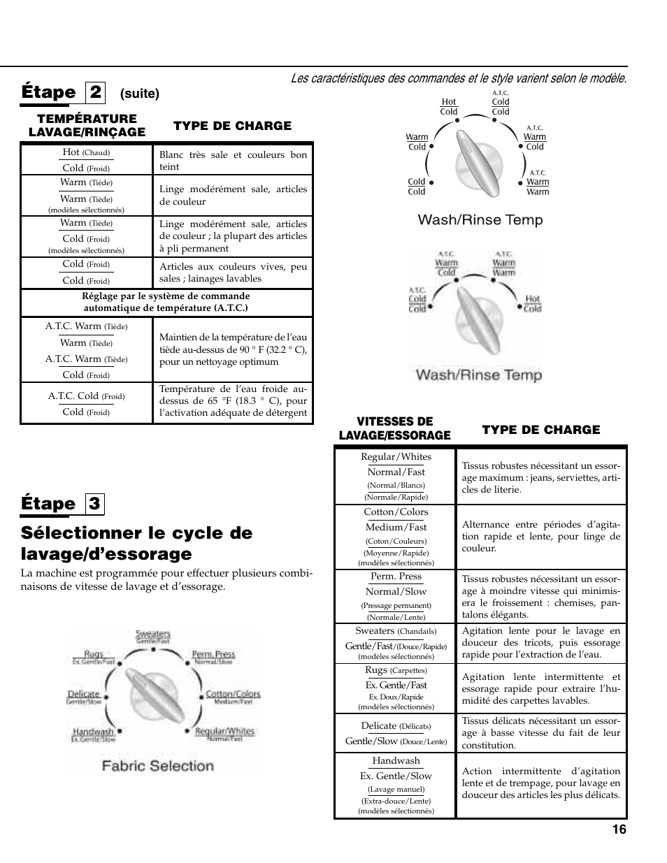 Sélectionner le cycle de lavage/d’essorage, Étape 3, Étape 2 | Wash/rinse temp, Suite) | Maytag MAV-35 User Manual | Page 17 / 36