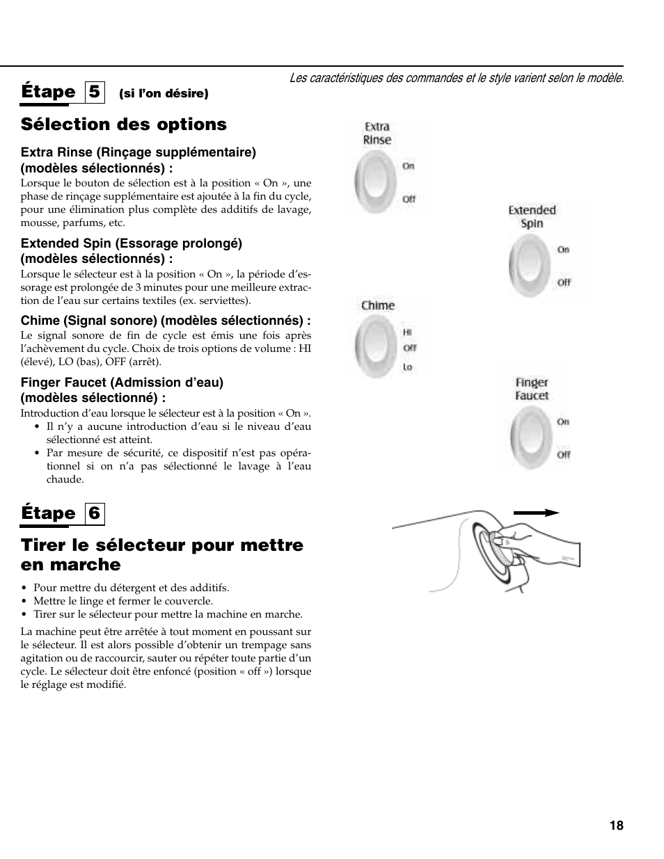 Tirer le sélecteur pour mettre en marche, Étape 6 étape 5, Sélection des options | Maytag MAV-35 User Manual | Page 19 / 36