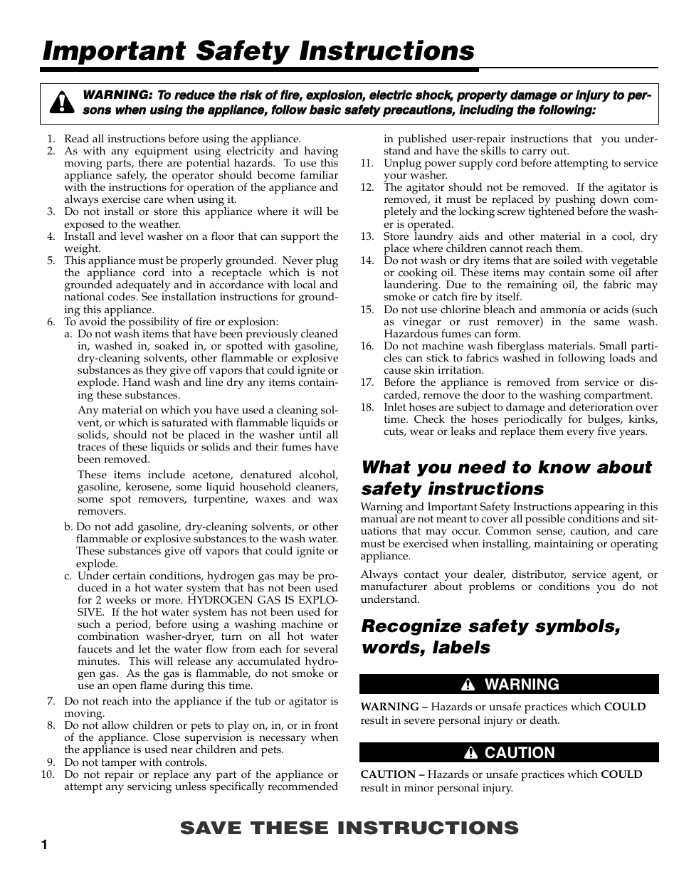 Important safety instructions, Save these instructions, Recognize safety symbols, words, labels | What you need to know about safety instructions, Warning caution | Maytag MAV-35 User Manual | Page 2 / 36