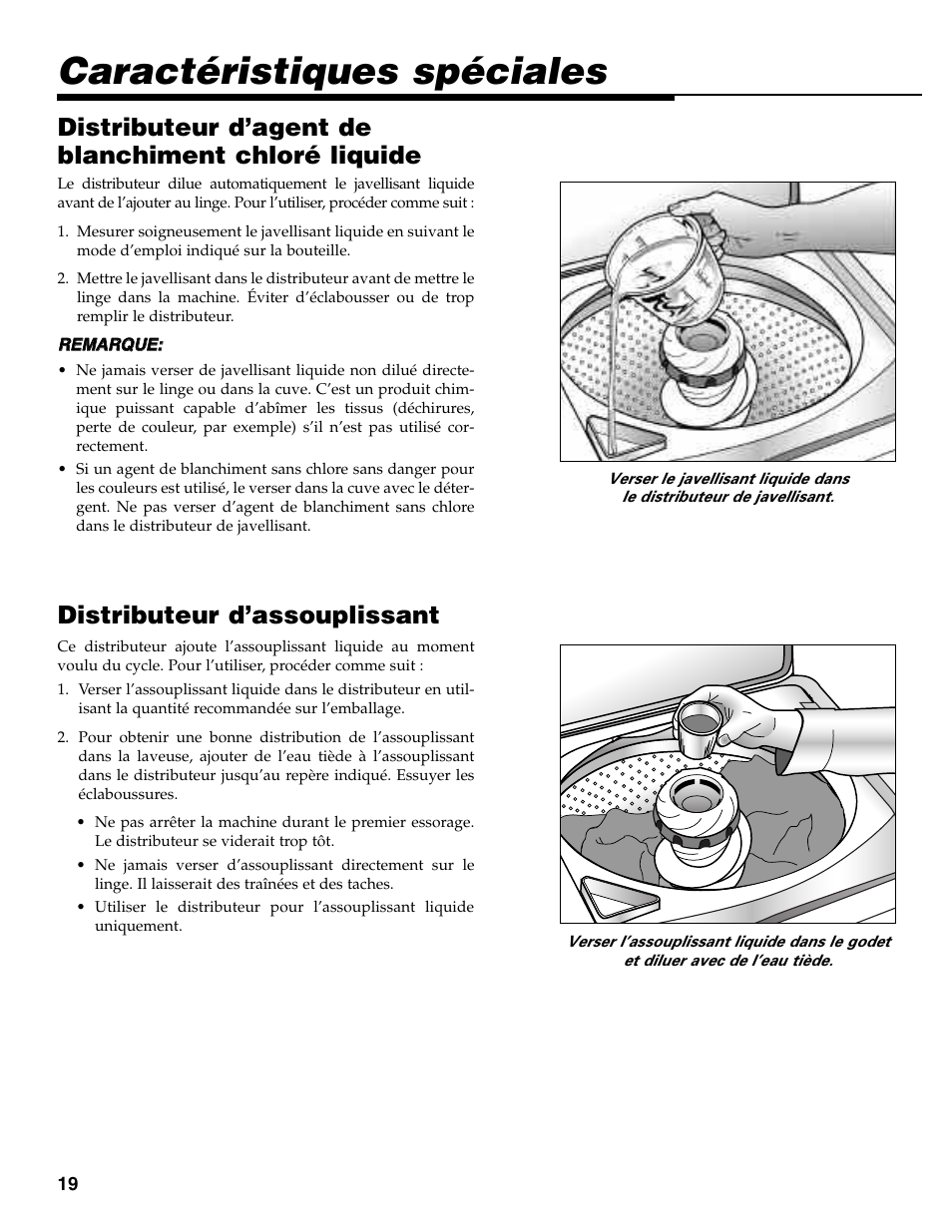 Caractéristiques spéciales, Distributeur d’assouplissant, Distributeur d’agent de blanchiment chloré liquide | Maytag MAV-35 User Manual | Page 20 / 36