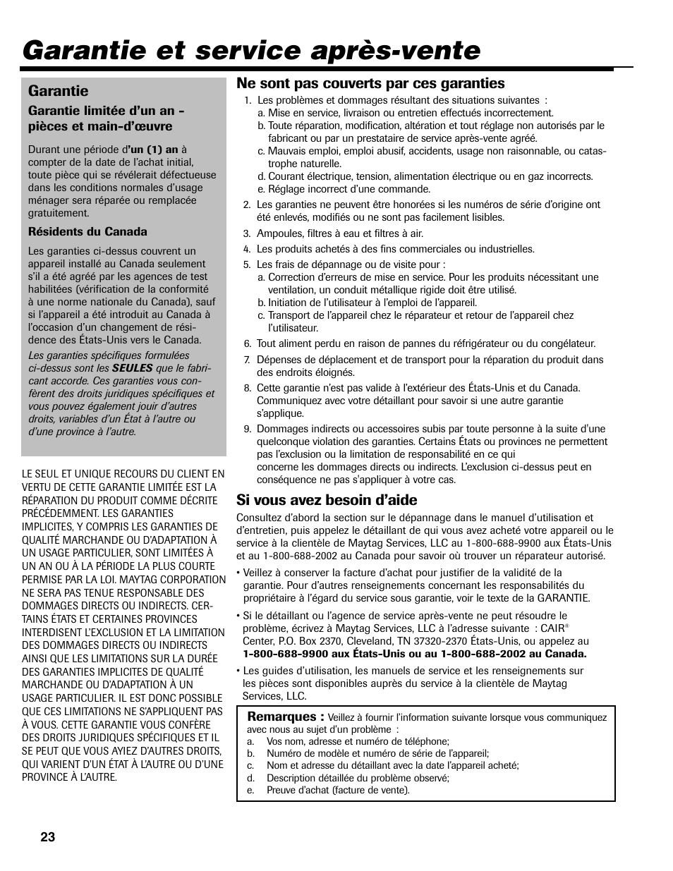 Garantie et service après-vente, Garantie, Ne sont pas couverts par ces garanties | Si vous avez besoin d’aide | Maytag MAV-35 User Manual | Page 24 / 36