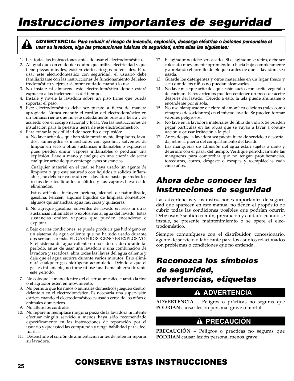 Instrucciones importantes de seguridad, Conserve estas instrucciones, Ahora debe conocer las instrucciones de seguridad | Advertencia precaución | Maytag MAV-35 User Manual | Page 26 / 36