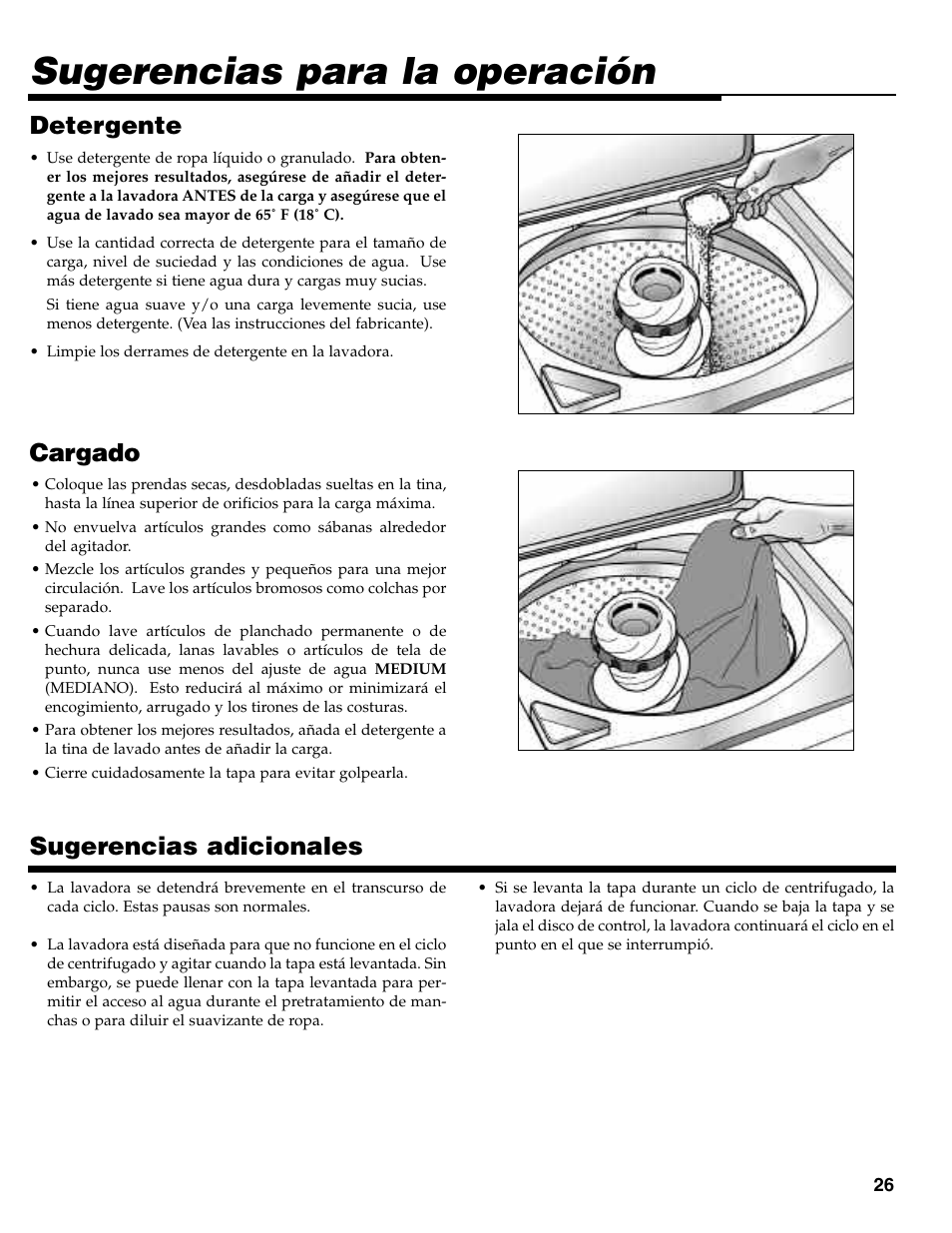 Sugerencias para la operación, Cargado, Sugerencias adicionales | Detergente | Maytag MAV-35 User Manual | Page 27 / 36