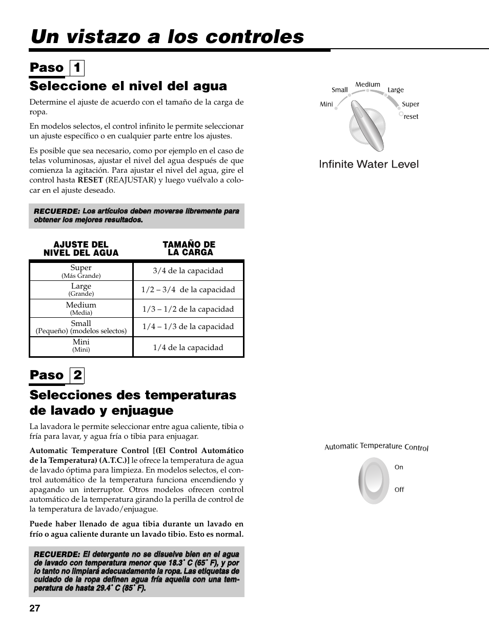 Un vistazo a los controles, Seleccione el nivel del agua, Selecciones des temperaturas de lavado y enjuague | Paso 1 paso 2, Infinite water level | Maytag MAV-35 User Manual | Page 28 / 36