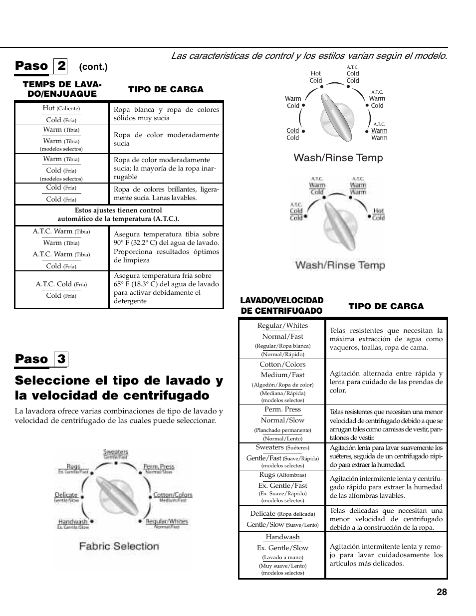 Paso 2, Paso 3, Wash/rinse temp | Cont.) | Maytag MAV-35 User Manual | Page 29 / 36