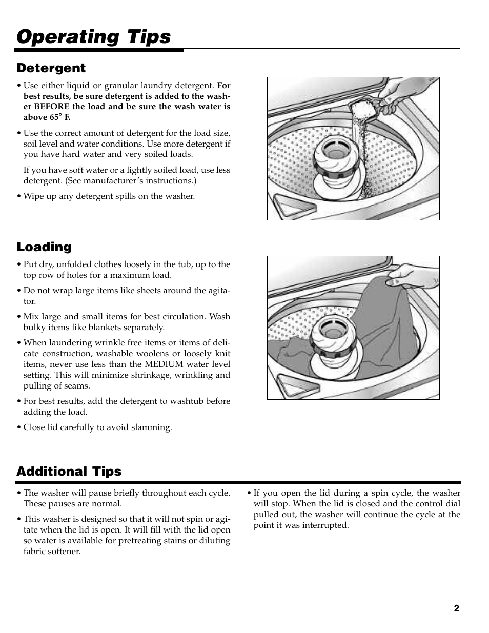 Operating tips, Loading, Additional tips | Detergent | Maytag MAV-35 User Manual | Page 3 / 36