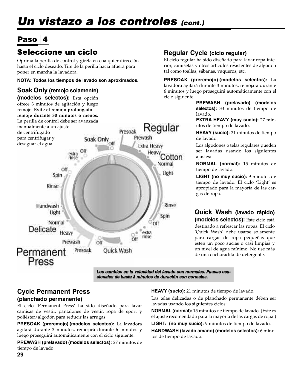 Un vistazo a los controles, Seleccione un ciclo, Paso 4 | Cycle permanent press, Cont.) soak only, Regular cycle, Quick wash | Maytag MAV-35 User Manual | Page 30 / 36