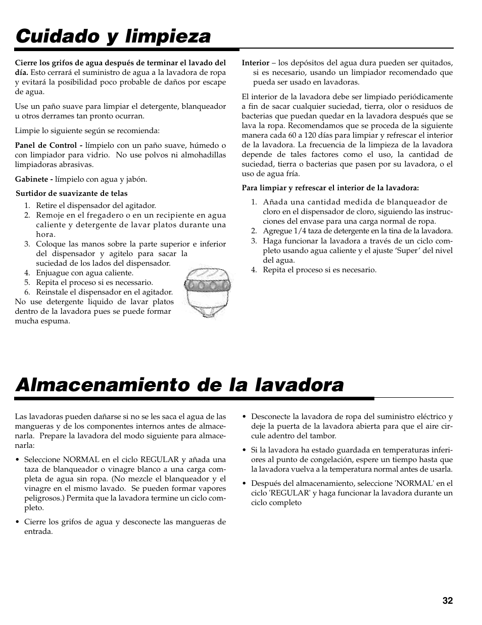 Cuidado y limpieza, Almacenamiento de la lavadora | Maytag MAV-35 User Manual | Page 33 / 36