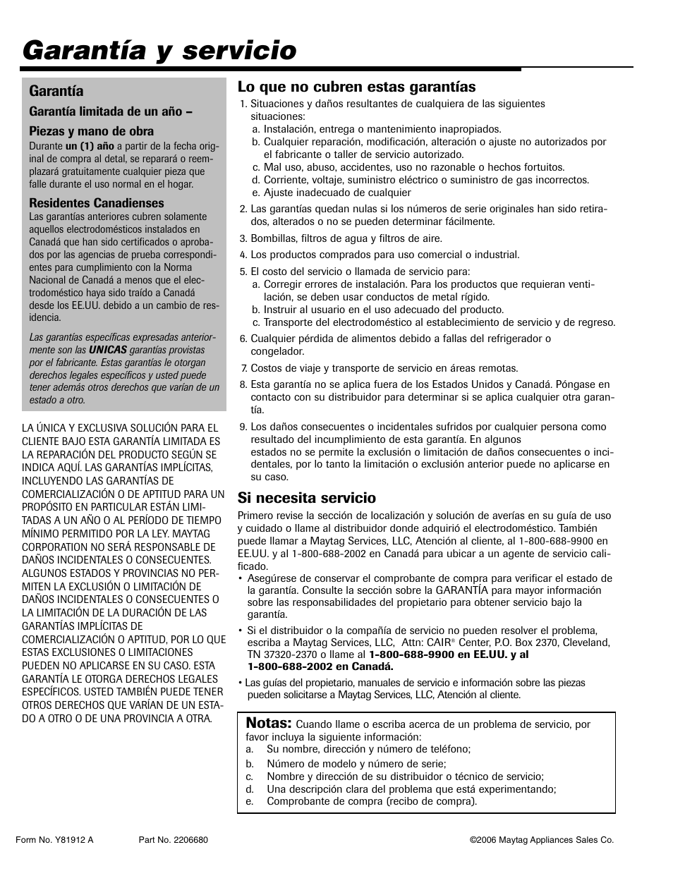 Garantía y servicio, Lo que no cubren estas garantías, Si necesita servicio | Garantía, Notas | Maytag MAV-35 User Manual | Page 36 / 36