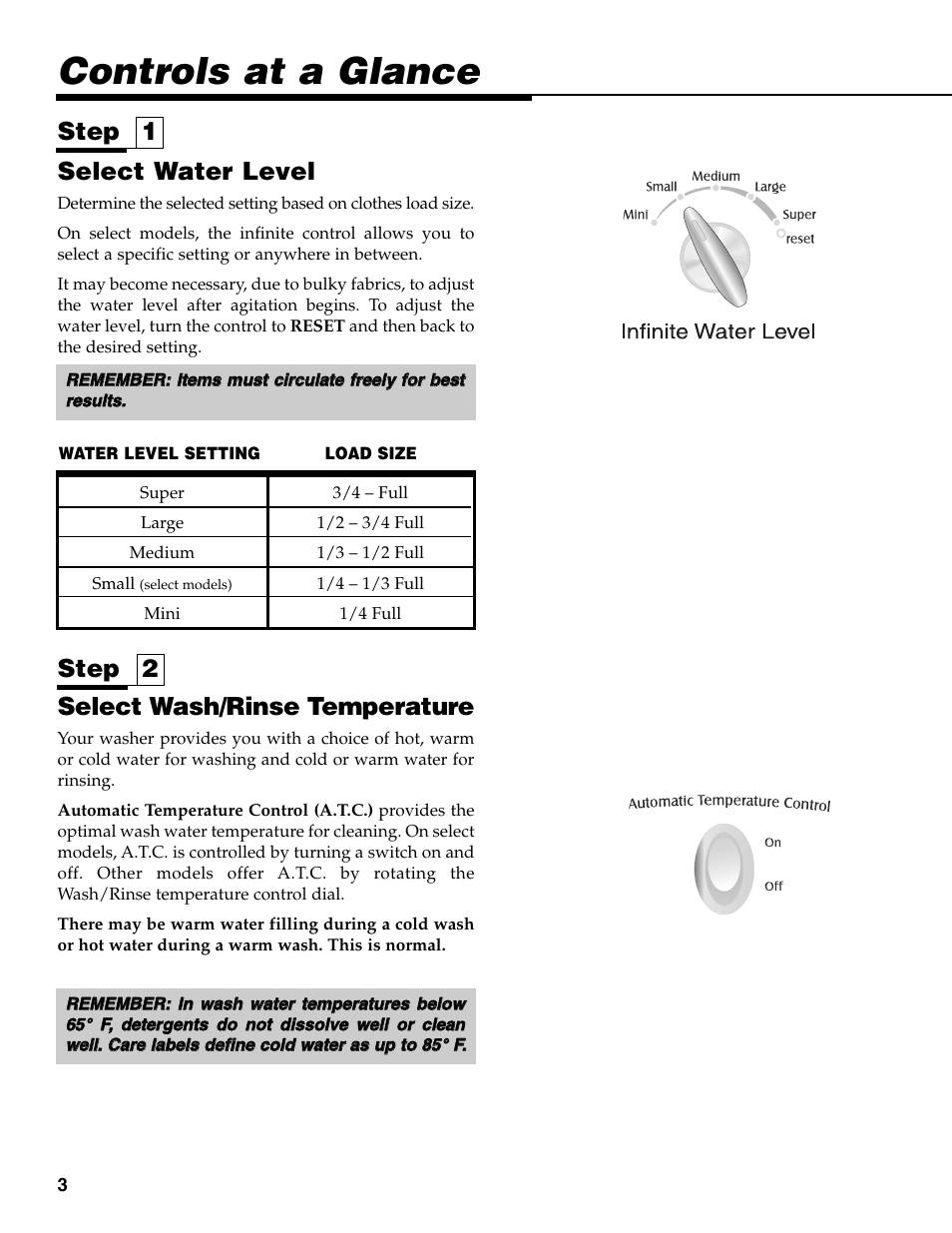 Controls at a glance, Select water level, Select wash/rinse temperature | Step 1 step 2, Infinite water level | Maytag MAV-35 User Manual | Page 4 / 36