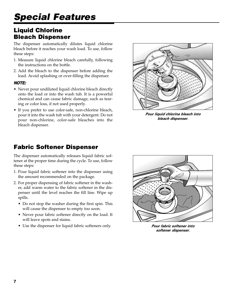 Special features, Liquid chlorine bleach dispenser, Fabric softener dispenser | Maytag MAV-35 User Manual | Page 8 / 36