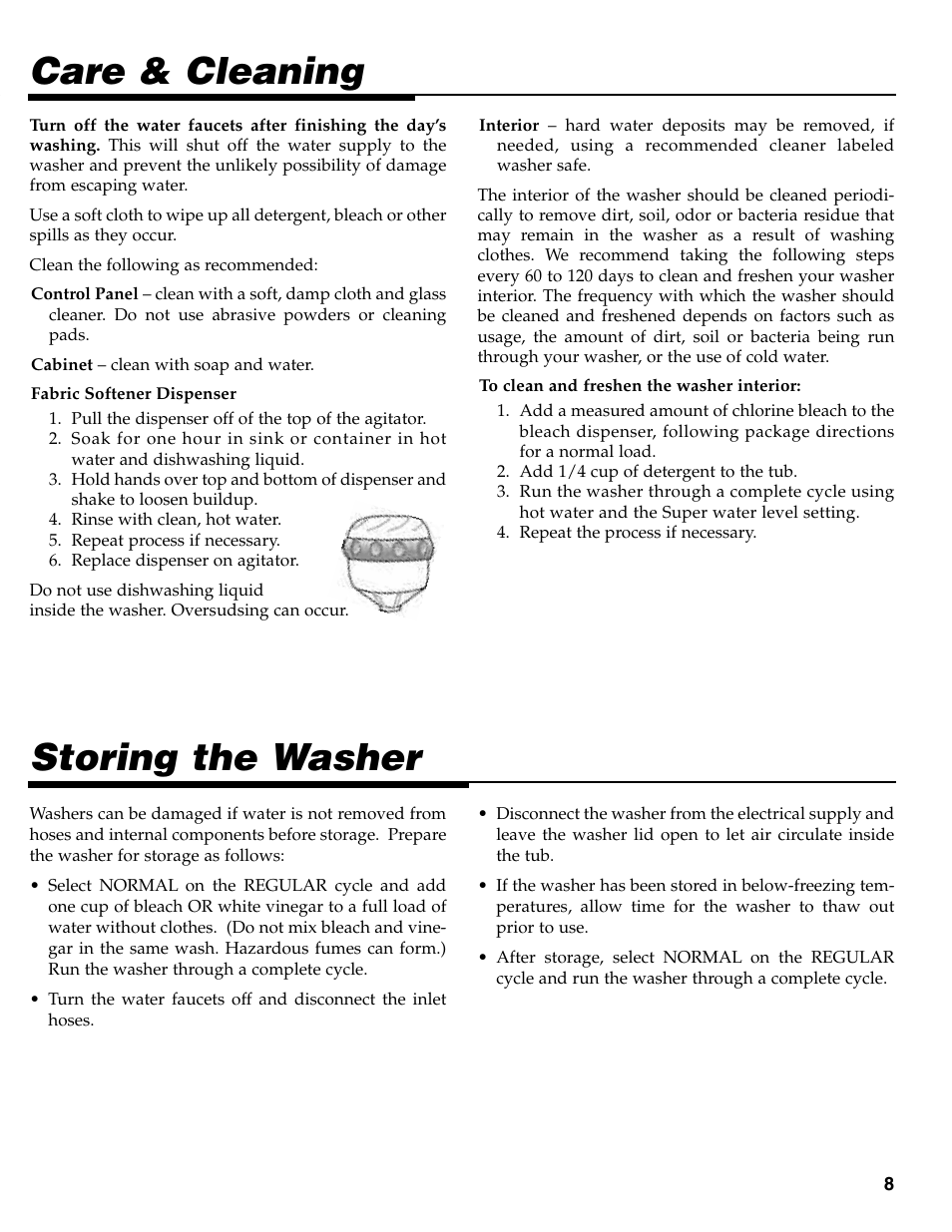 Storing the washer, Care & cleaning | Maytag MAV-35 User Manual | Page 9 / 36