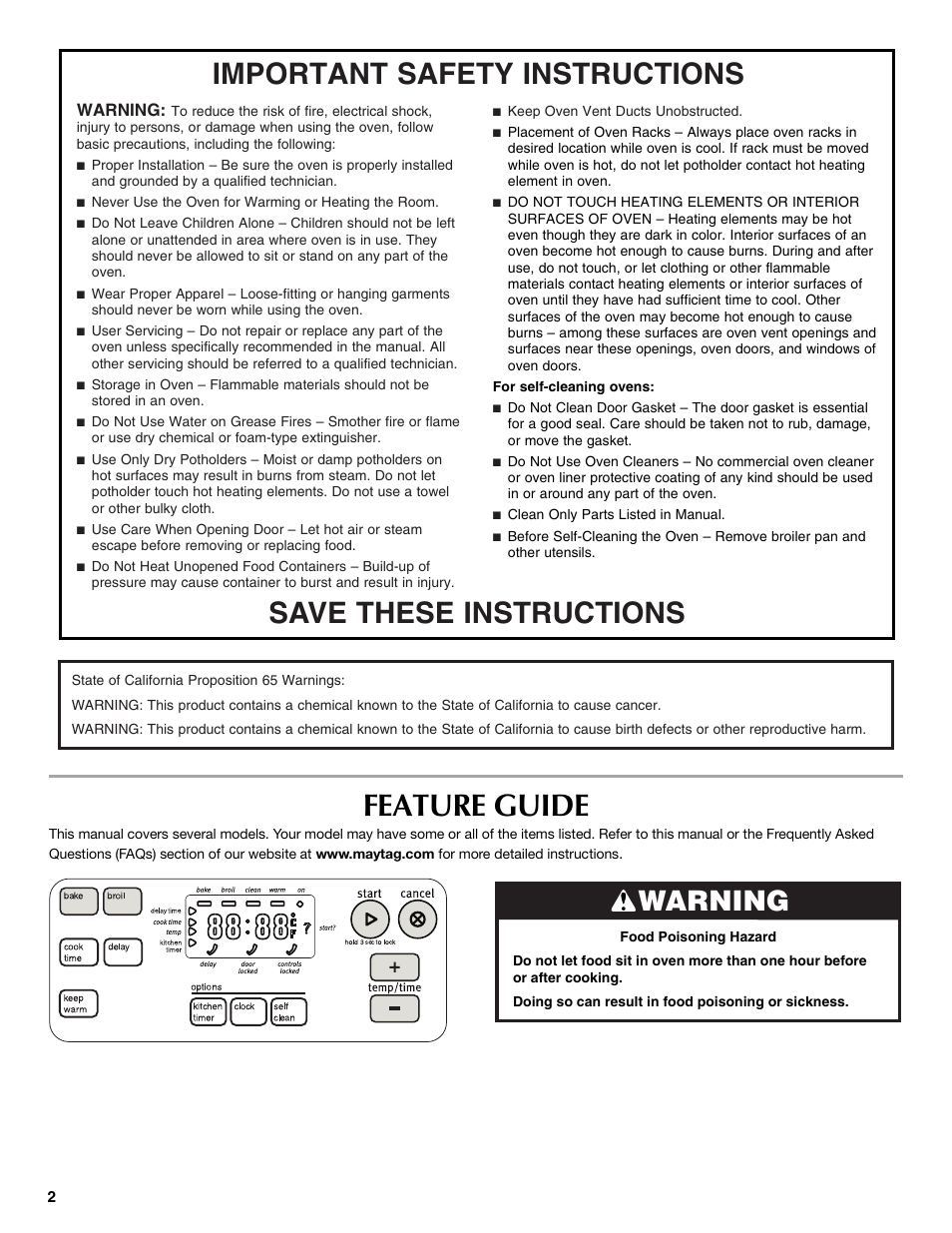 Feature guide, Warning | Maytag CWE5800ACS User Manual | Page 2 / 8