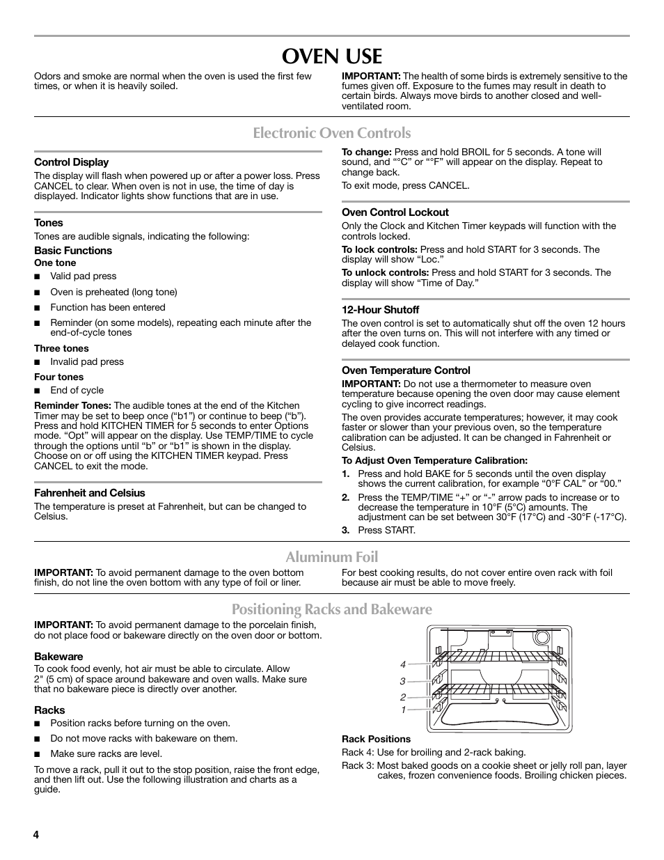 Oven use, Electronic oven controls, Aluminum foil | Positioning racks and bakeware | Maytag CWE5800ACS User Manual | Page 4 / 8