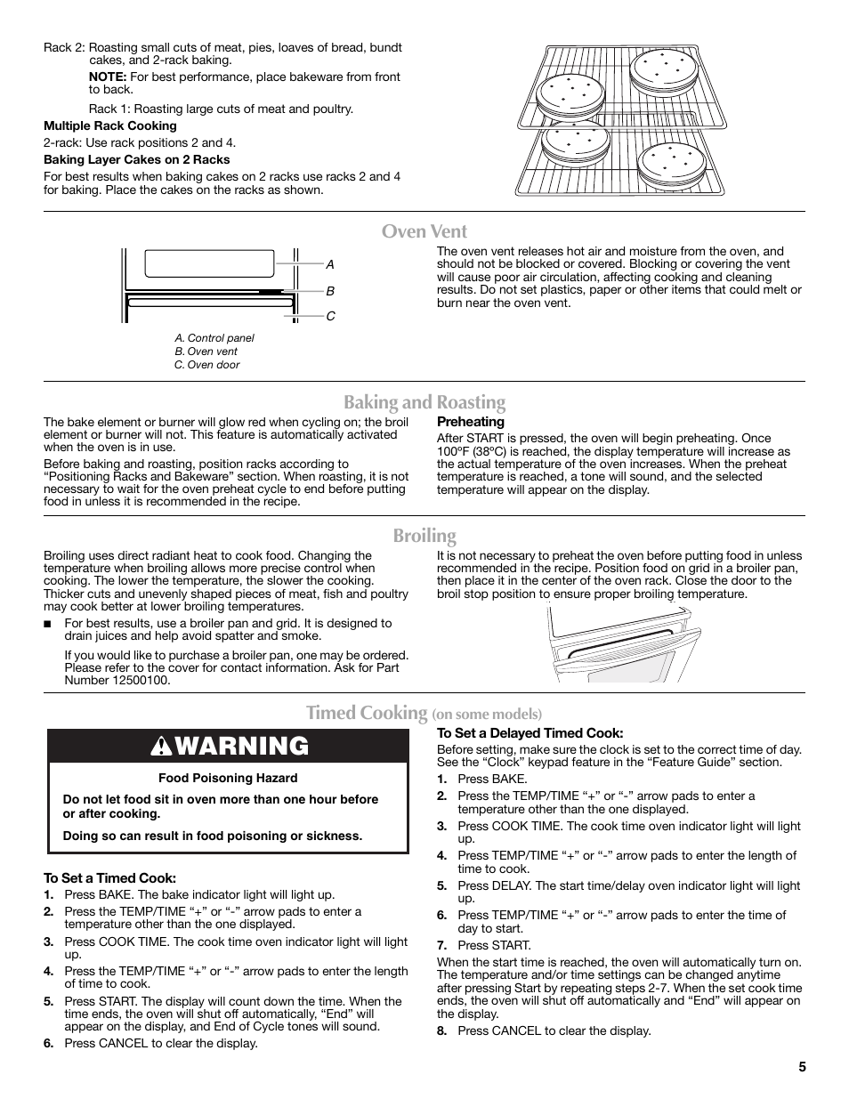 Warning, Oven vent, Baking and roasting | Broiling, Timed cooking | Maytag CWE5800ACS User Manual | Page 5 / 8