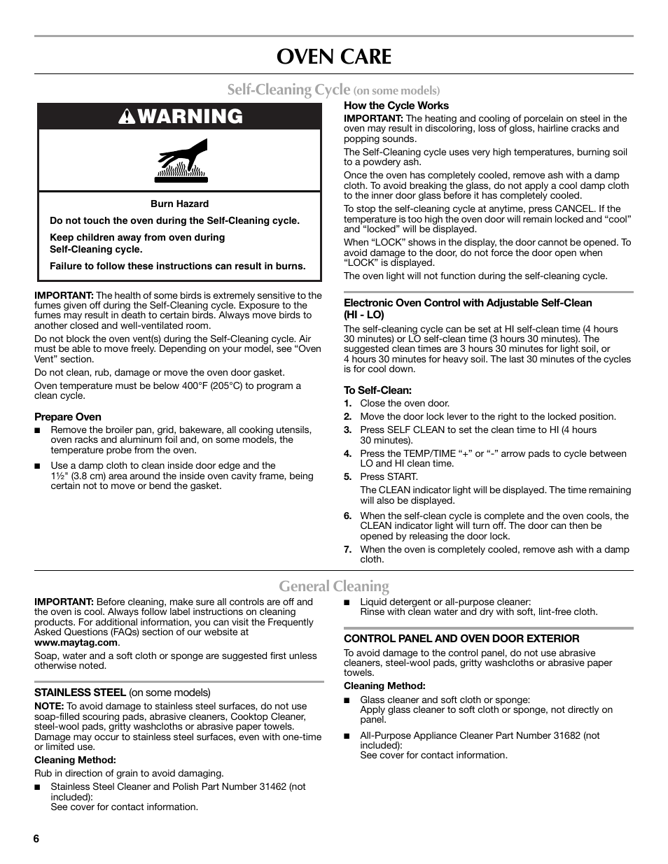 Oven care, Warning, Self-cleaning cycle | General cleaning | Maytag CWE5800ACS User Manual | Page 6 / 8