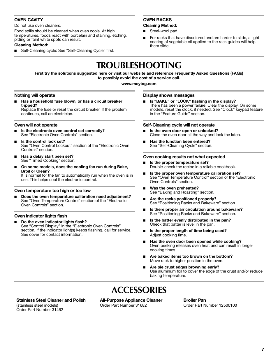 Troubleshooting, Accessories | Maytag CWE5800ACS User Manual | Page 7 / 8