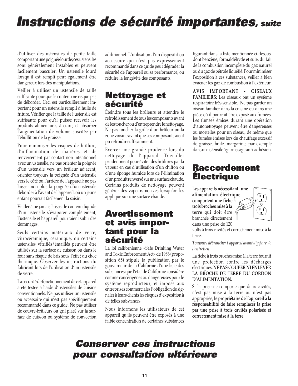 Instructions de sécurité importantes, Raccordement électrique, Suite | Nettoyage et sécurité, Avertissement et avis impor- tant pour la sécurité | Maytag MGC4436BDB User Manual | Page 12 / 28