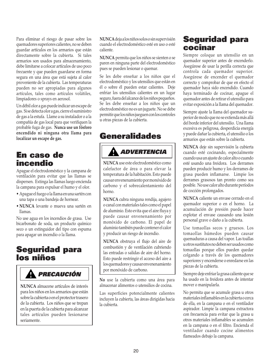 En caso de incendio, Seguridad para cocinar, Generalidades | Seguridad para los niños | Maytag MGC4436BDB User Manual | Page 21 / 28