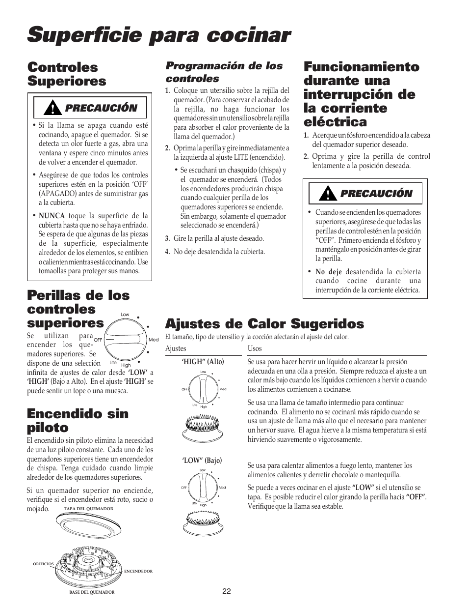 Superficie para cocinar, Ajustes de calor sugeridos, Perillas de los controles superiores | Encendido sin piloto, Controles superiores, Programación de los controles | Maytag MGC4436BDB User Manual | Page 23 / 28