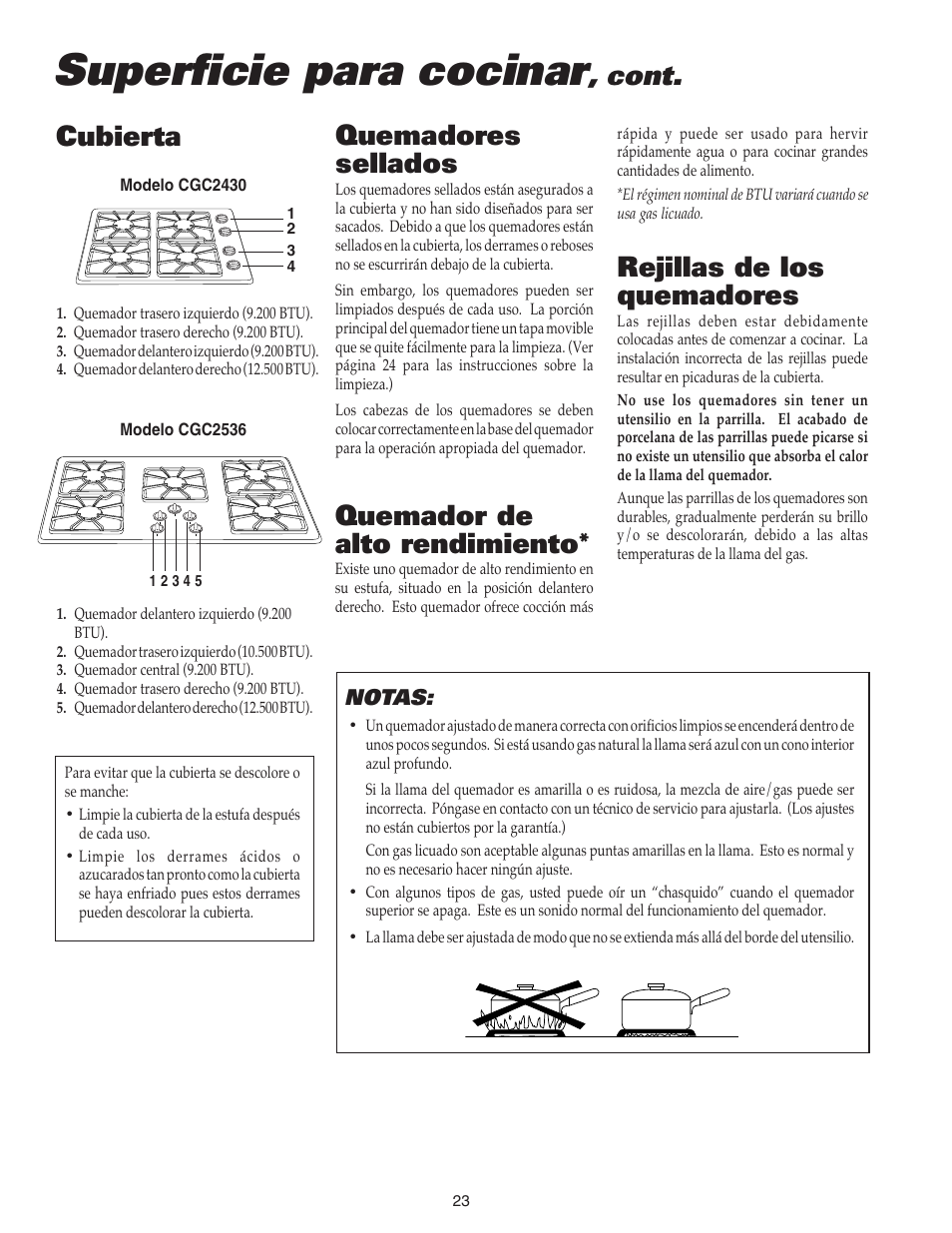 Superficie para cocinar, Rejillas de los quemadores, Cubierta quemador de alto rendimiento | Quemadores sellados, Cont, Notas | Maytag MGC4436BDB User Manual | Page 24 / 28