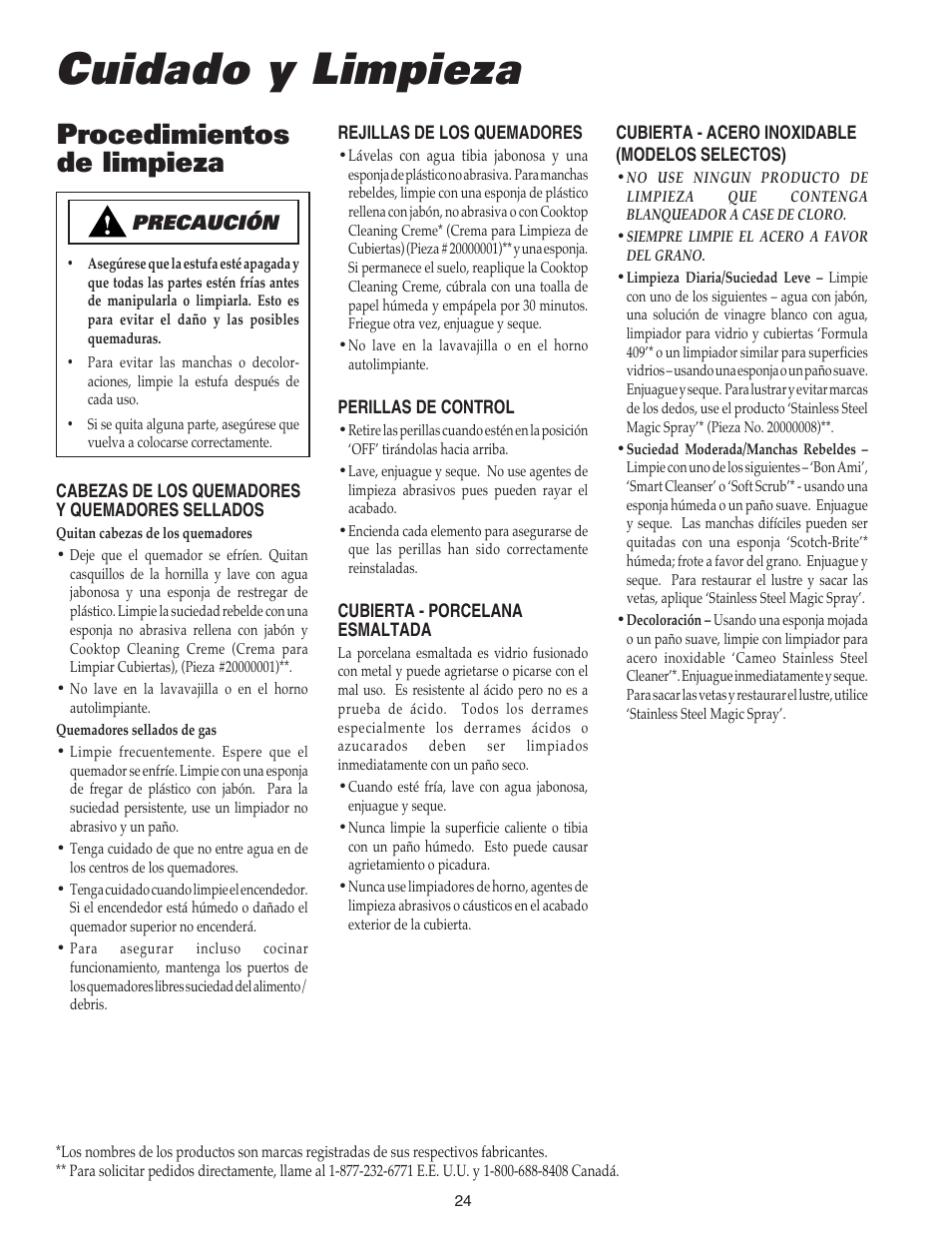 Cuidado y limpieza, Procedimientos de limpieza, Precaución | Maytag MGC4436BDB User Manual | Page 25 / 28